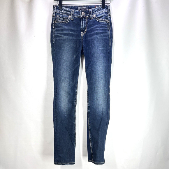 Silver Jean Women sz W25 L32 SUKI Mid straigt Stretch Comfort Thick Stitch Denim - Picture 1 of 12